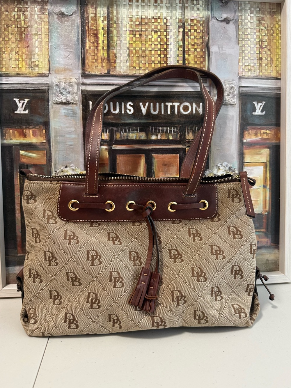 Dooney & Bourke Beige Monogram Quilted Tote with Brown Leather Trim